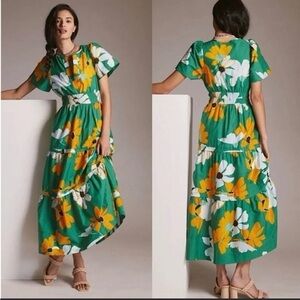 Anthropologie Green Floral Maxi Dress